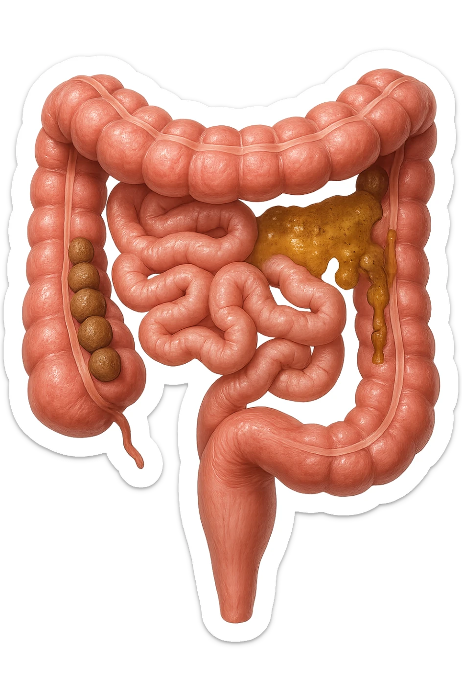 INTESTINO UMANO ANATOMICO REALISTICO CON FECI A PALLINE E FECI LIQUIDE CHE FLUTTUANO DIETRO BEN DISTINTE, IPERREALISTICO 4K sticker