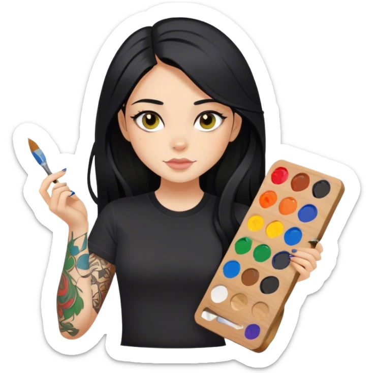 A girl with long black hair and hazel eyes and tattoos on right arm holding a paint palette  wearing black shirt sticker