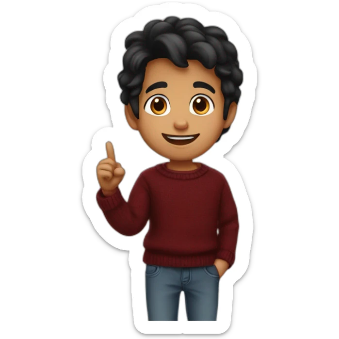 smiling and pointing 3 years old north indian with black hair wearing a dark red sweater sticker