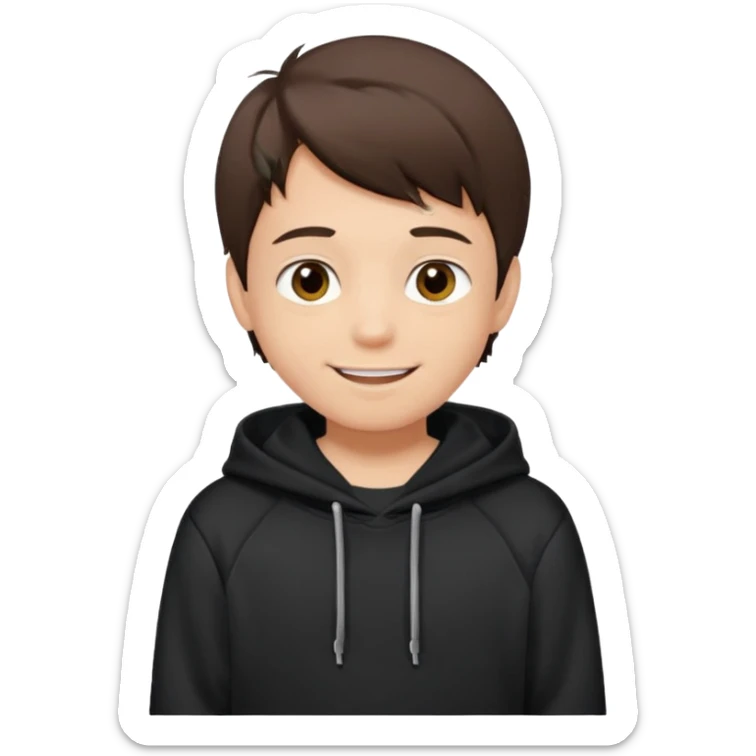 A brunette boy, short straight hair, light brown eyes, with a black sweatshirt with a hoodie, and smile without visible teeth  sticker