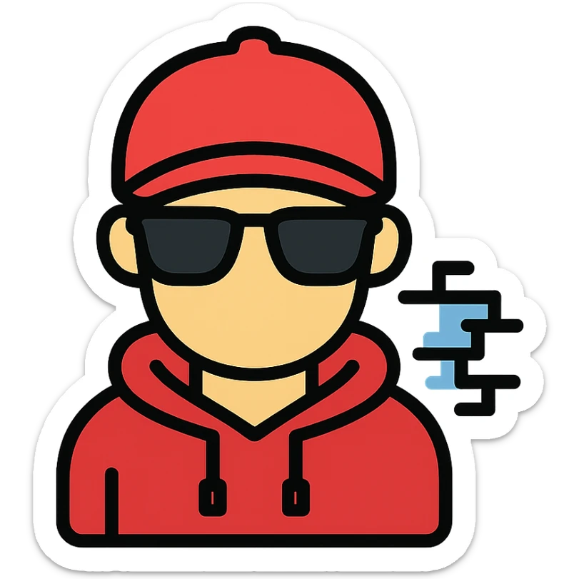 Coolkid, the Roblox hacker, as a stylized icon: red cap, sunglasses, hoodie, and a digital glitch effect, in a color outline style sticker