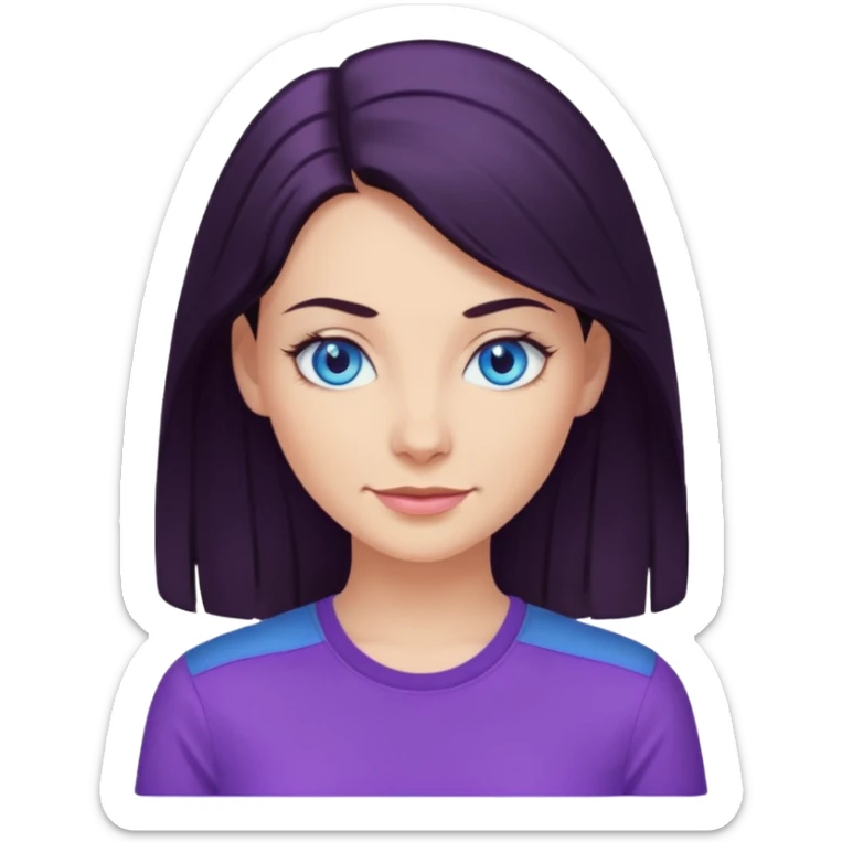 Smirking dark hair woman with blue eyes, wearing purple shirt 

 sticker