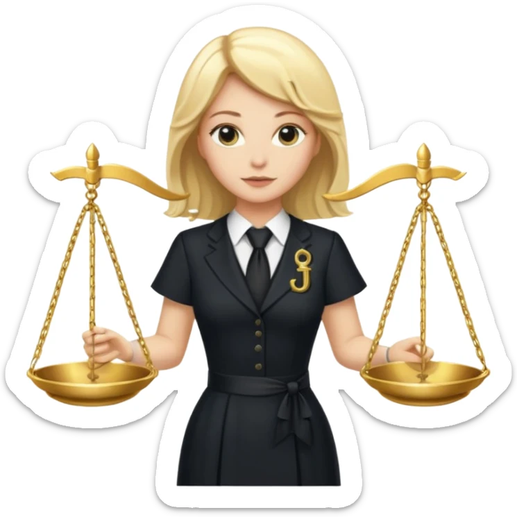 woman lawyer blanche et blonde habillée avec une robe noire longue et une cravate blanche, avec la balance de la justice derrière elle sticker
