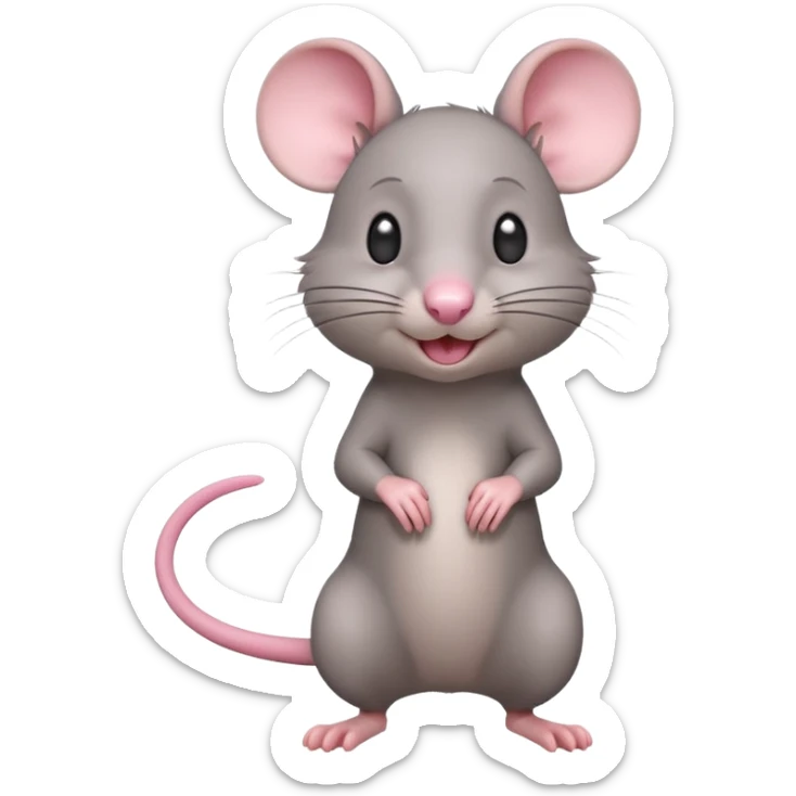 A 3D cartoon rat standing on its hind legs, gray fur, long pink tail, small round ears, curious smile, soft natural lighting, realistic yet cute Memoji-style. sticker