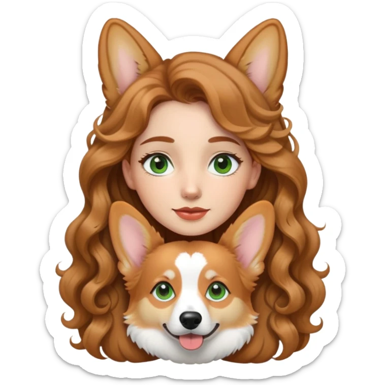 girl with long curly light brown hair light skin green eyes long face and corgi sticker