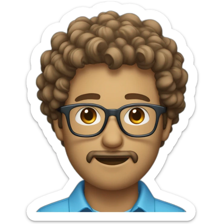 Portrait of light brown man with curly hair with a goatee and blue eyes with glasses and a sky blue shirt IT Developer sticker