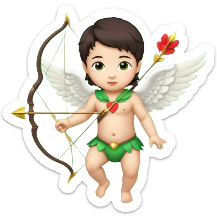cupid asian baby flying full body with wings with brown eyes and dark hair handled bow and arrow directed to green emoji heart sticker