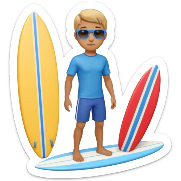 cute male surfer riding a wave, wearing shorts, sunglasses, holding balance, colorful surfboard, 3D cartoon, mobile game icon, clean background, no text sticker