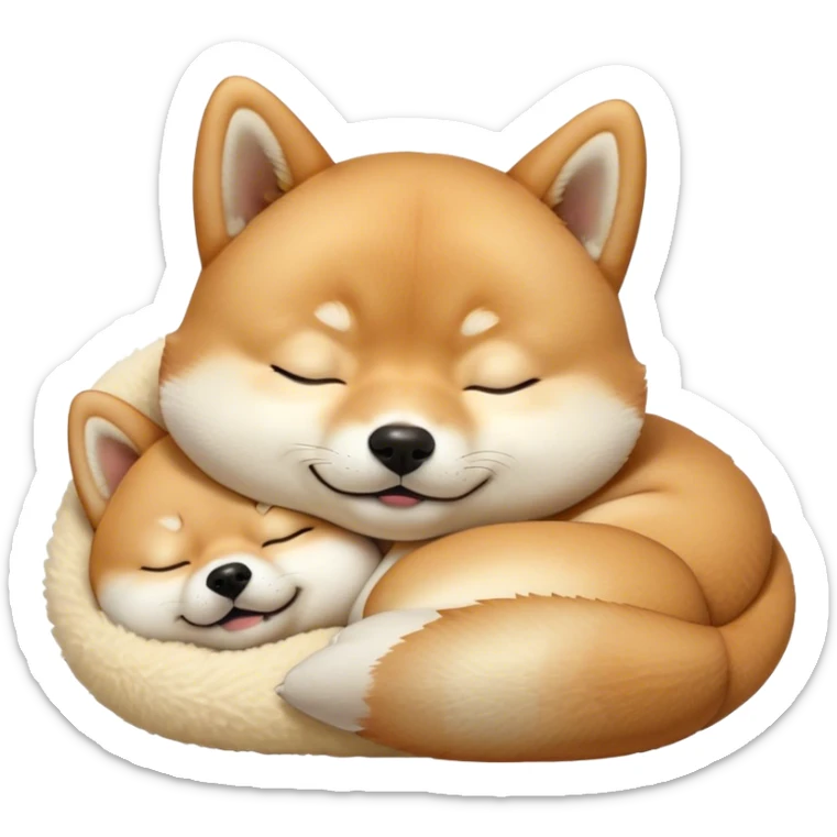 Cinematic Meme-Worthy cute Sleeping Shiba Inu Portrait Emoji, Head resting peacefully with a contented smile, featuring a delightfully cute build and a luxuriously soft fur with a creamy underbelly, eyes shut in a serene nap, Simplified yet hilariously adorable features, highly detailed, glowing with a soft, drowsy light, high shine, relaxed and utterly lovable, stylized with an air of playful laziness, bright and endearing, soft glorwing outline, capturing the essence of a comically sleepy companion, so meme-worthy it feels like it could instantly become the next viral sensation of adorable slumber! sticker