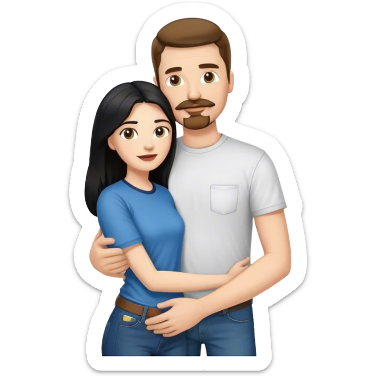 tall white man with brown hair goatee mustache wearing t-shirt and jeans hugging a shorter white woman with long black hair sticker
