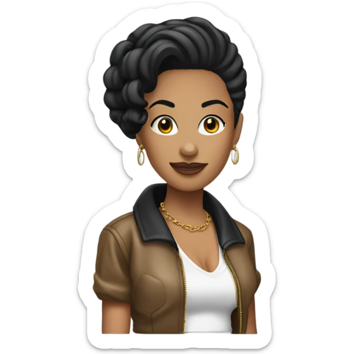 Tanned woman with black hair dressed in 1990s hip hop hair, makeup, and attire  sticker