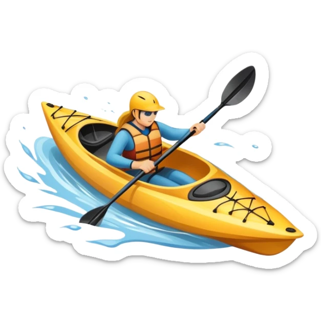 An icon showing a close-up of a sleek kayak with double-bladed paddles gliding through water. Splashes surround the boat as it cuts across a calm surface, symbolizing speed and focus. Transparent background emphasizes the dynamic and personal nature of kayak paddling. sticker