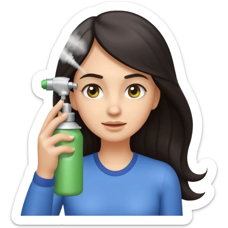 Emoji-style illustration of a woman with long dark hair, front-facing, simple rounded facial features, big expressive eyes, flat vector shading. A hand is spraying hair spray from a small aerosol can toward her hair, visible mist/spray particles in the air.  sticker