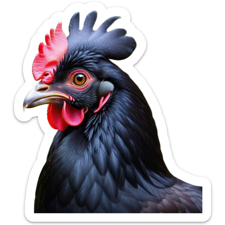 Cinematic Noble Black Chicken Portrait Emoji, Poised and regal, with a compact, sturdy build and a glossy, well-groomed pure black plumage, deep-set soulful beady eyes, Simplified yet sharp and sophisticated features, highly detailed, glowing with a soft, dignified glow, high shine, intelligent and alert, stylized with an air of mysterious elegance, focused and attentive, soft glowing outline, capturing the essence of a watchful and confident fowl, so majestic it feels as though it could strut out of the screen with effortless authority! sticker