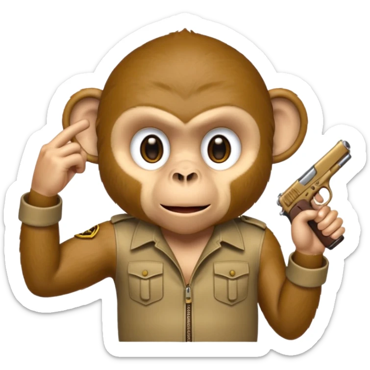 “A monkey covering his mouth with one hand and holding a gun to his head with the other hand.” sticker