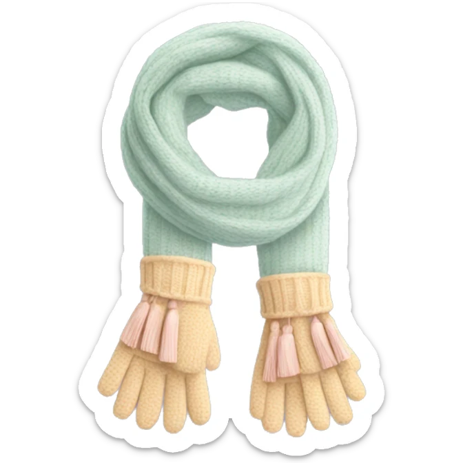 Gloves and Scarf: A matching set in pastel colors, with a cozy texture, and tassels on the ends of the scarf. sticker