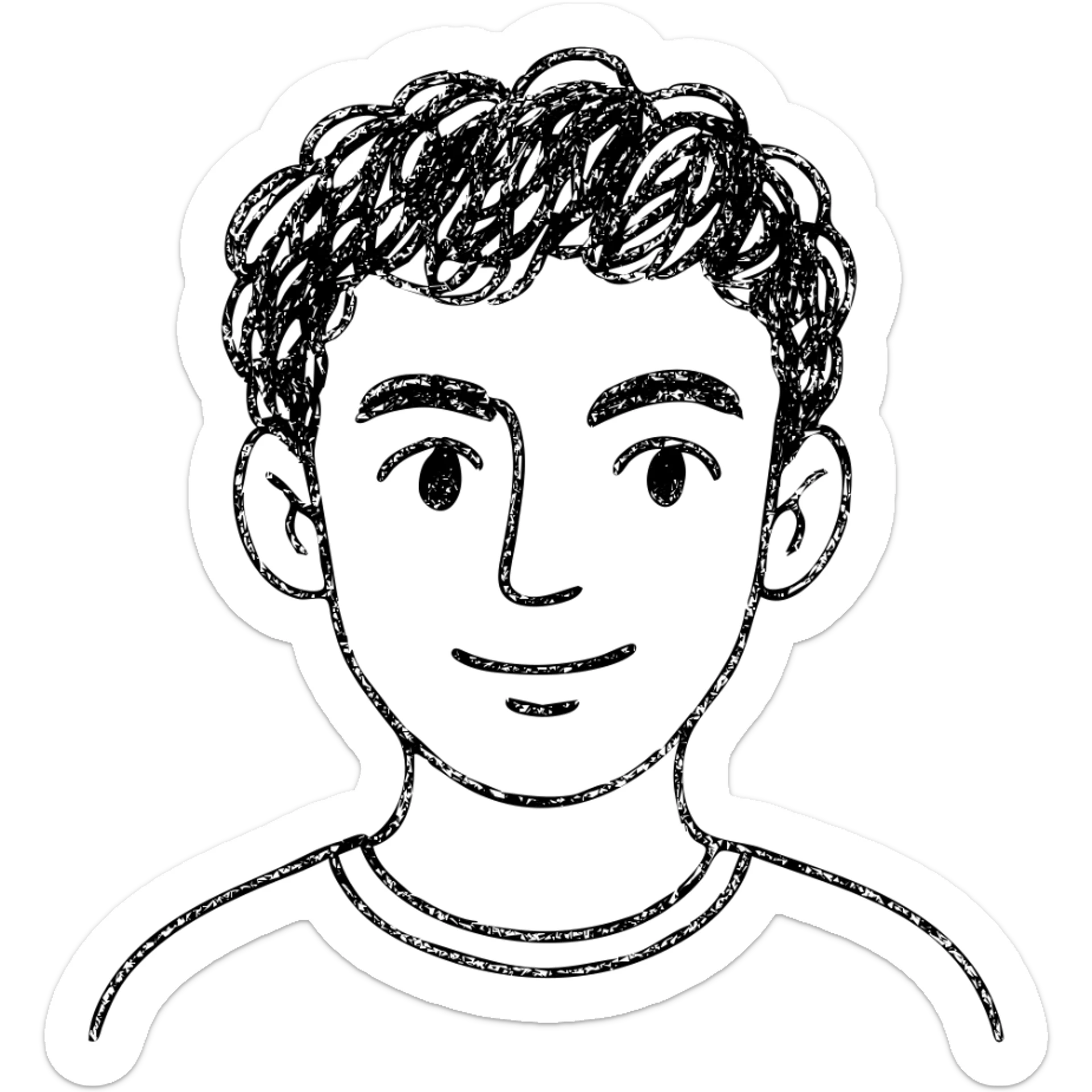 good looking young adult boy with brown curly hair and brown eyes, hand drawn outline icon sticker
