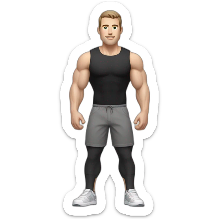 Idyll Pale skinned Fit Man With the biceps and dark brown hair in black shirt, gray sports shorts and white Sneakers sticker