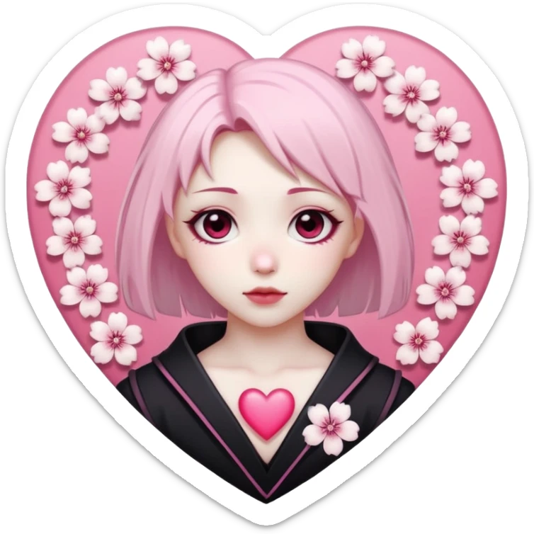 goth sakura heart, heart made of white sakura petals with pink accents sticker