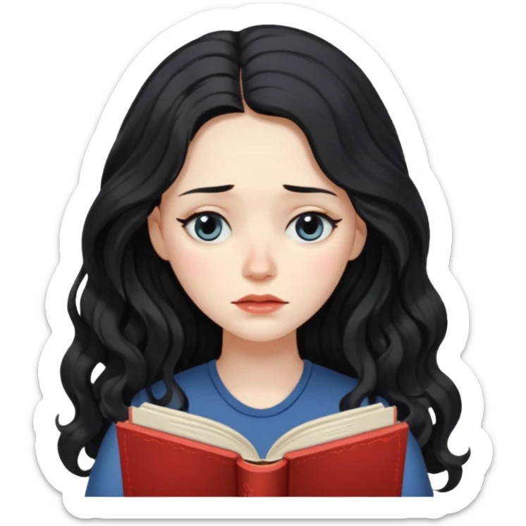 Long Hair Women with Book, Black wavy hair, sad

 sticker