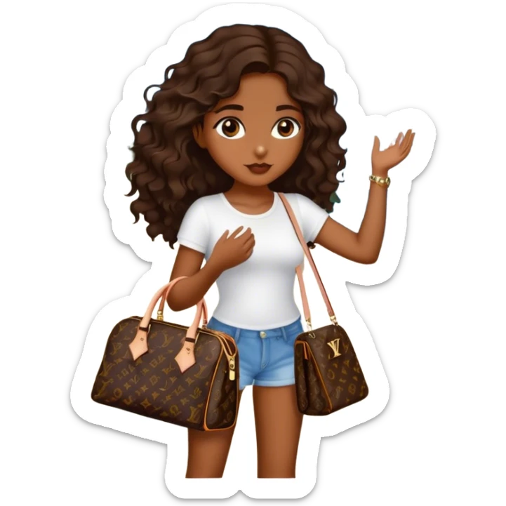  Brown girl with dark brown medium beach wavy hair carrying one Louis Vuitton purse on her arm while standing  sticker