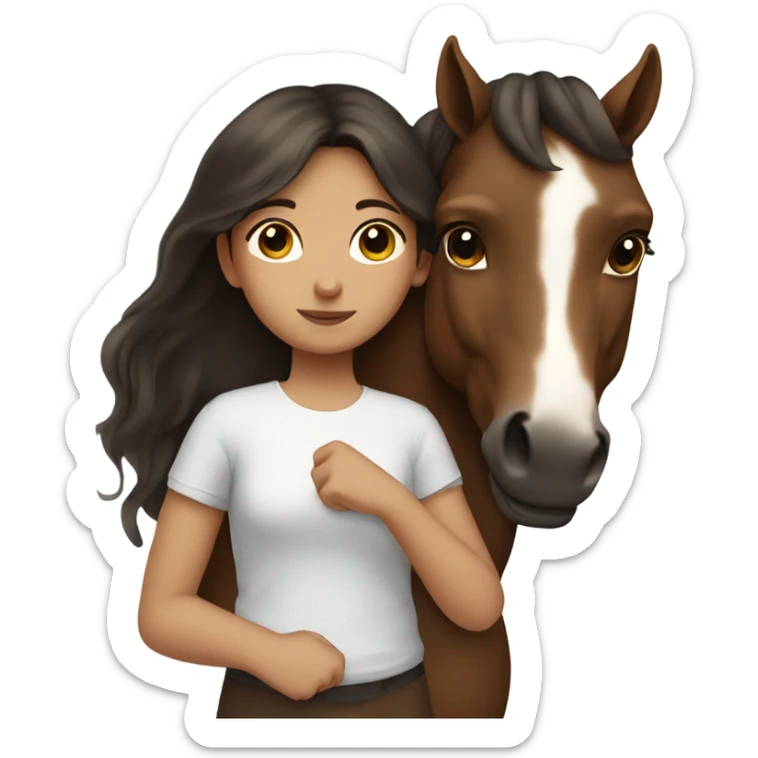 Girl with dark brown hair hugging brown horse with white spots  sticker