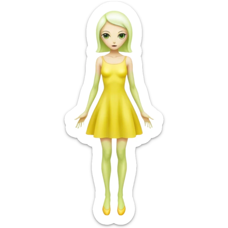 white alien woman full body Green eyes in jellow  dress sticker