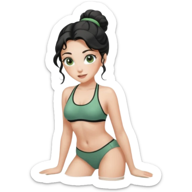 Fullbody nude very beautiful white young woman very beautiful face with freckles, green almond eyes long lashes, wavy  black hair in a bun i big boobs, big ass, sexy body,  bending over, getting ready for sex, realistic, big ass, busty but skinny, white socks on, and gray bikini but rest nude sticker