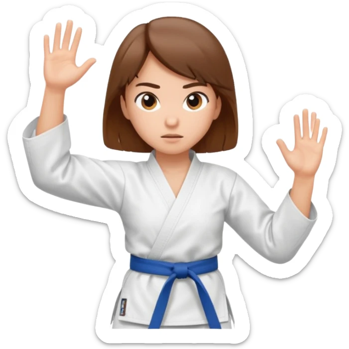Ragazza castana che pratica karate, ha la cintura nera ed io tradizionale kimono bianco del karate, in posizione di guardia sticker