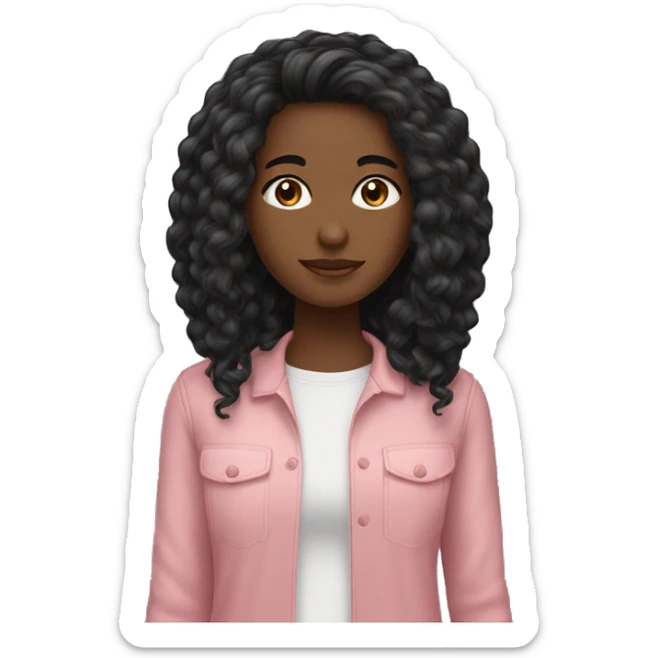 cabelo longo preto enrolado, menina pele bege, olhos pretos, roupa rosa claro. sticker