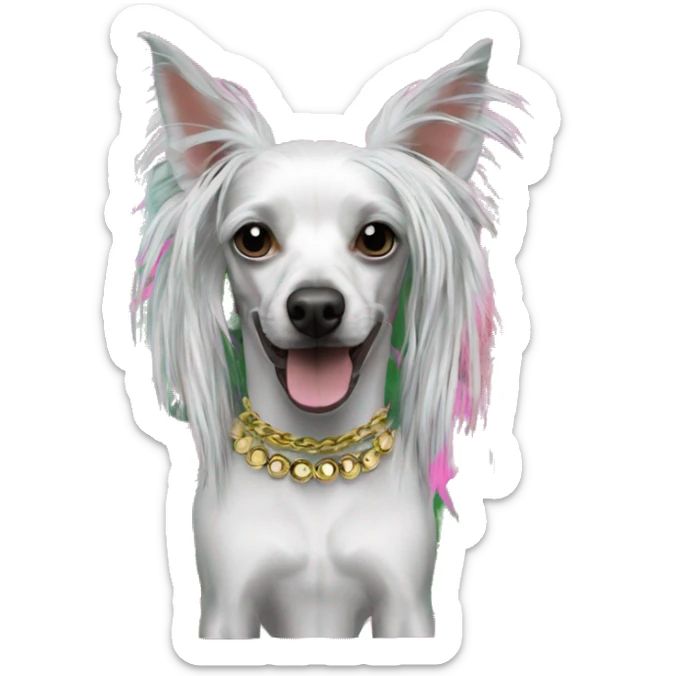 Punk tropical palm leaves flowers Chinese crested dog neon rainbow cyan green pink hair gold chain punk piercings tattoos punk ear piercings sticker