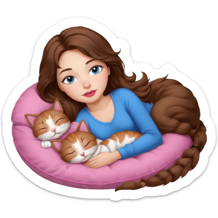 girl with long wavy brown hair, blue eyes, long lashes makeup, sexy pink lips, sleeping on a cozy pillow with 6 cats sticker