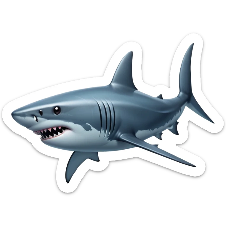 cinematic-shark-realistic-full-body-swimming-emoji,-sleek-powerful-body-gliding-through-the-ocean-depths,-dark-grey-skin-glossy-and-textured,-sharp-angular-fins-cutting-through-the-water,-piercing-black-eyes-focused-intensely,-rows-of-razor-sharp-teeth-slightly-visible,-simplified-yet-realistic-focused-features,-highly-detailed,-glowing-with-an-eerie-deep-sea-glow sticker