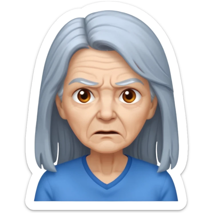 a portrait of angry elderly woman, long hair, wearing shirt sticker
