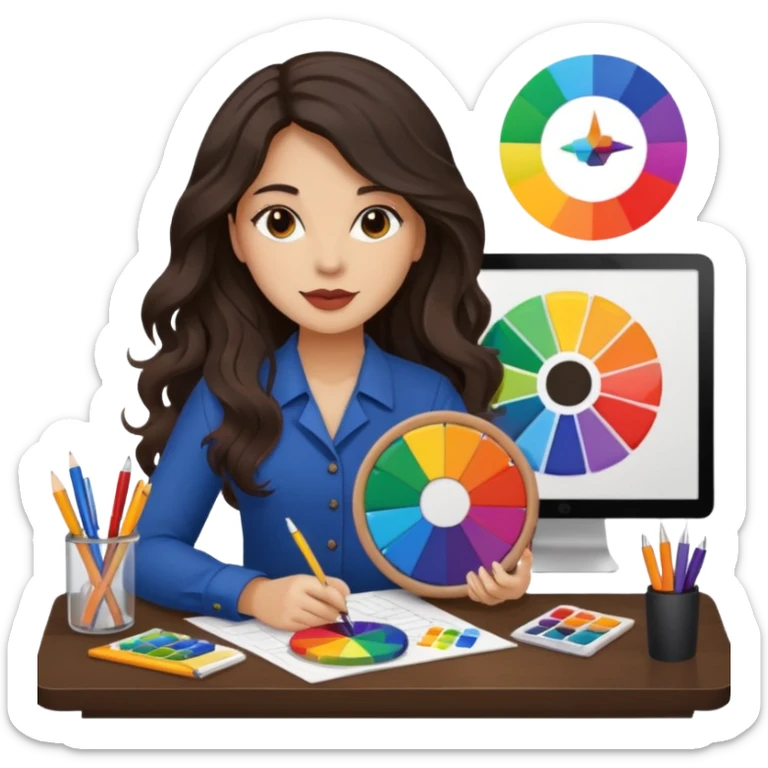 female dark wavy long hair graphic designer , holding color wheel , pens, papers, desktop sticker