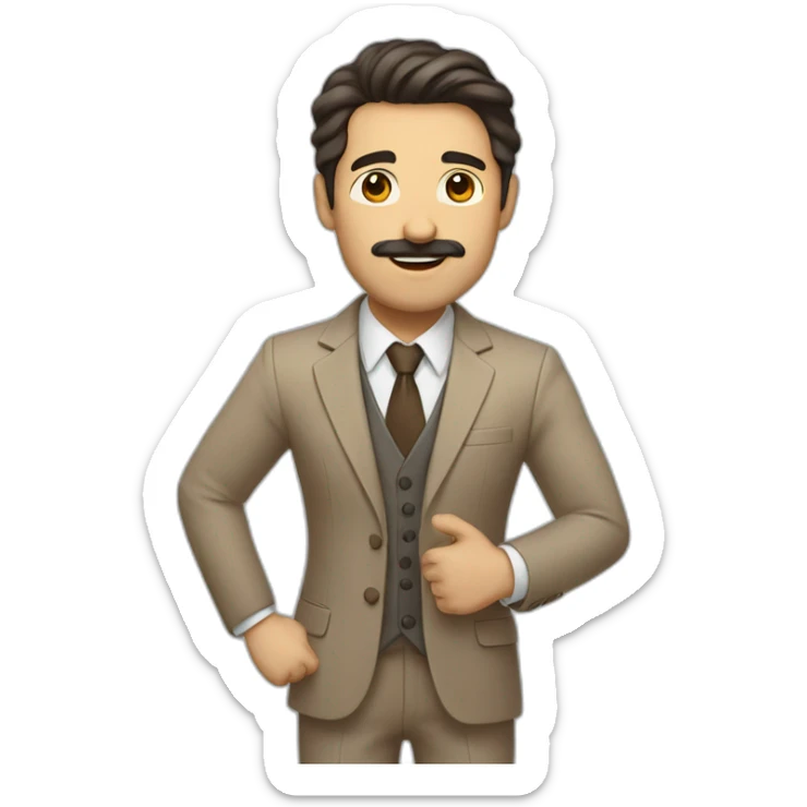 Man with light brown suit, dark hair and small mustache. He holds his arm up in the air sticker