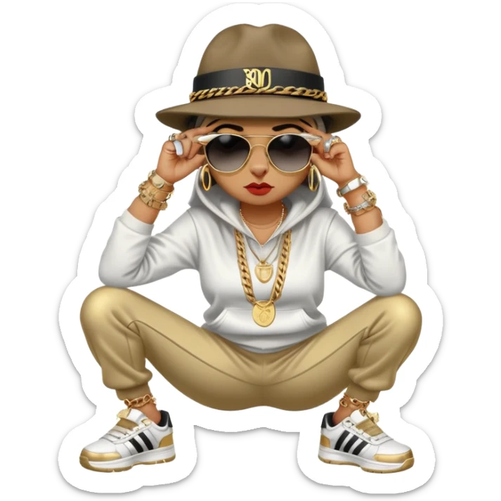 female cat wearing Run DMC hip-hop outfit with tracksuit, fedora, Adidas sneakers, dark sunglasses, many gold chains, rings, bracelets, flashy earrings, fallen down with distressed expression sticker