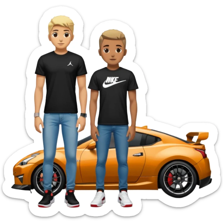 Grunge-style analog photo, London 2025, person inspired by the new reference image in model pose in front of a Nissan GT 86, black t-shirt, jeans, Nike Air Jordan low, using flash, analog grain, city night, 1/8. sticker