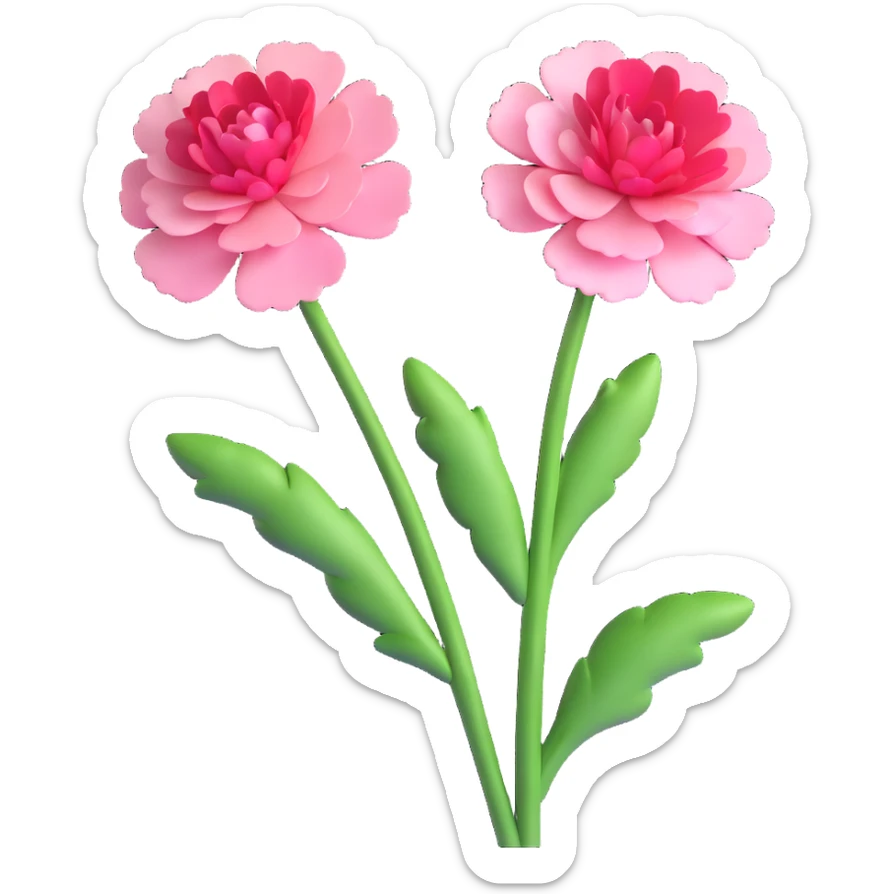 3D emoji-style carnation flower, shiny pink petals, green stem, rounded shapes sticker