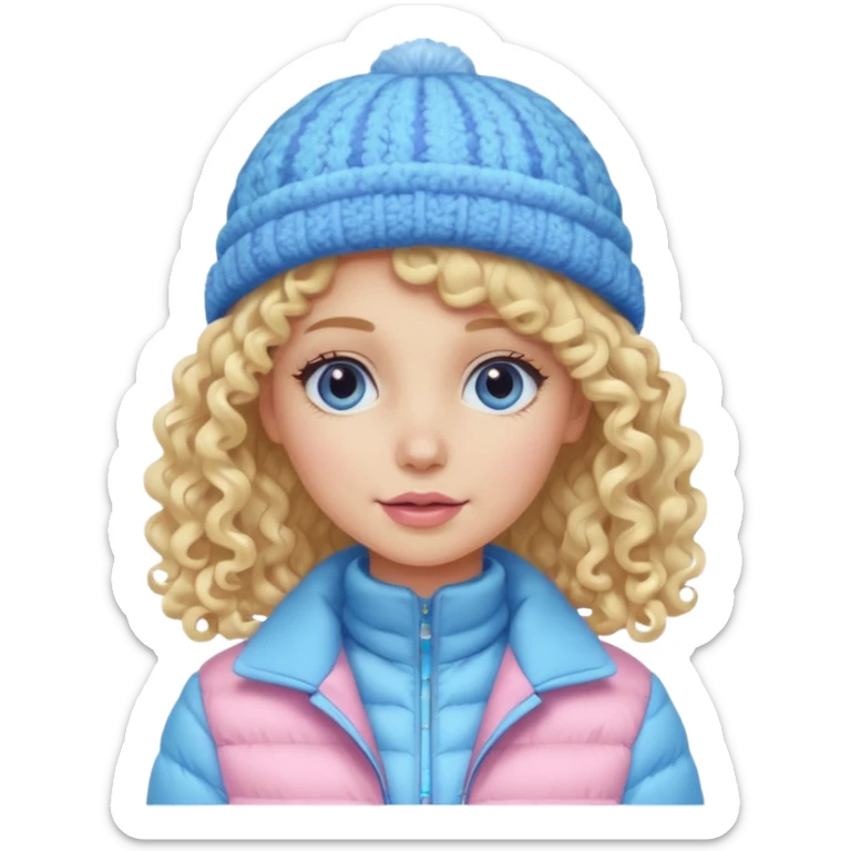 Curly longe blonde hair lady with pink and blue pastel jacket and blue pastel winter hat sticker