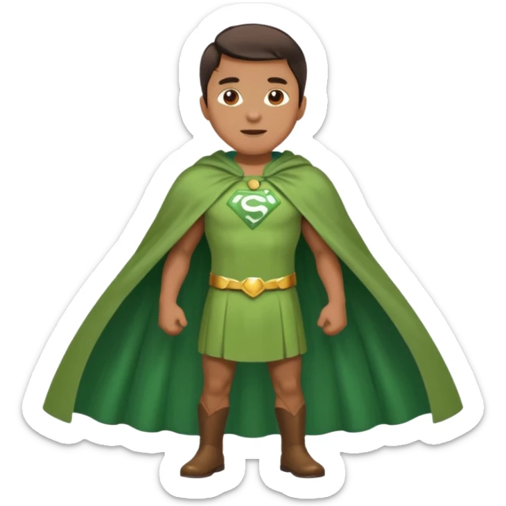 standing up healthy perfect man wearing simple greenish clothes with a cape and pants joyful and healed sticker