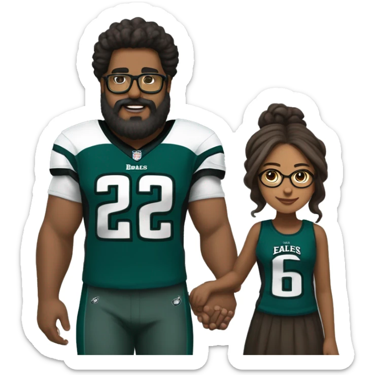 Heavy Brown guy with beard mustache and brown girl with glasses and her hair in a bun in Philadelphia eagles clothes holding hands sticker
