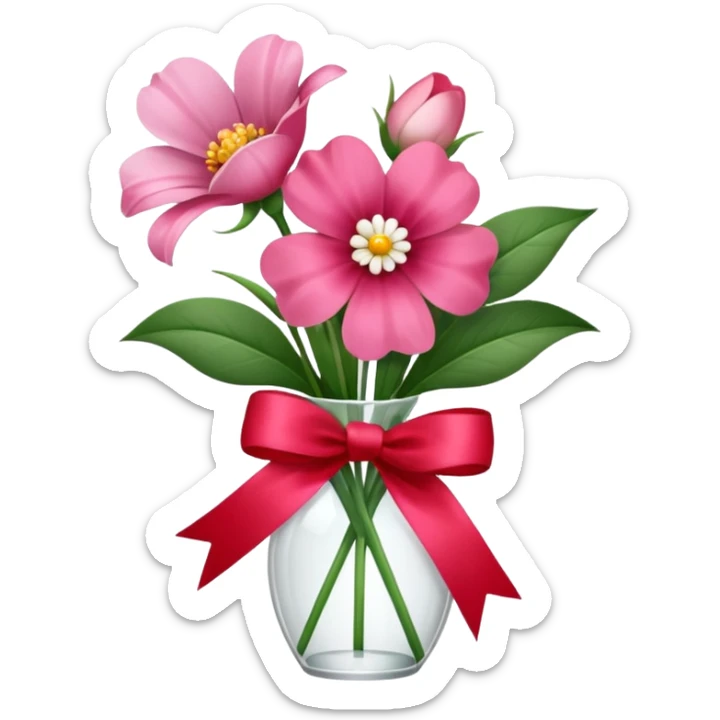 One pink flower and one white flower in transparent bouquet with red band  sticker