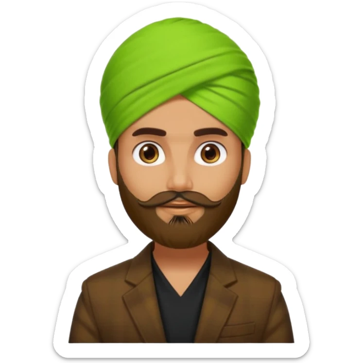 a pretty bratz emoji that looks like a bearded Akshay kumar wearing a neon green turban. Wearing a dark brown flannel blazer with black tshirt underneath.
he should resemble akshay kumar sticker