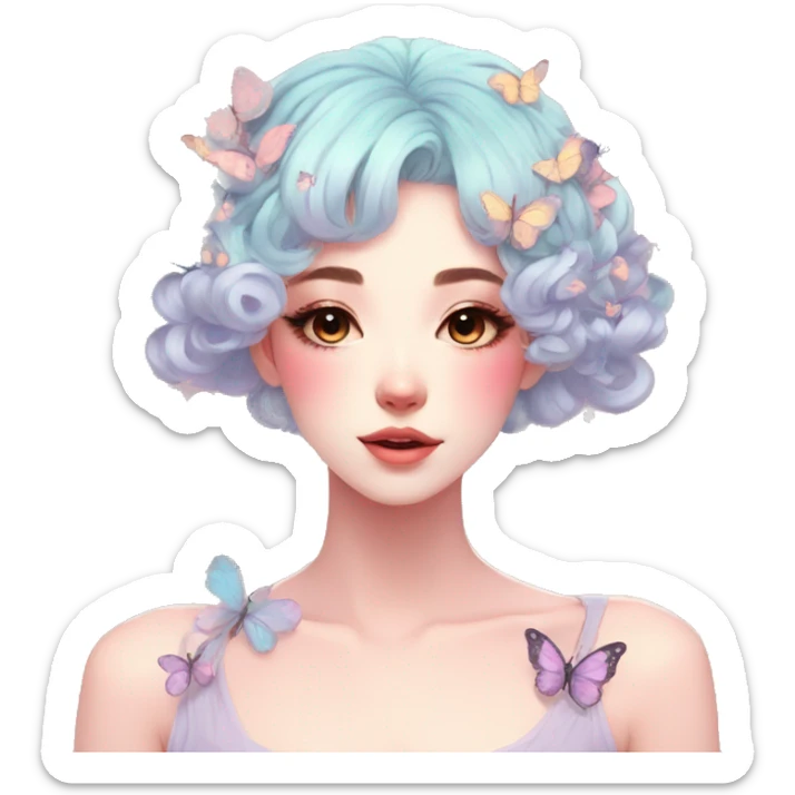 Gorgeous Pastel Anime-Style Lady With Butterflies on head aesthetic trending style sticker