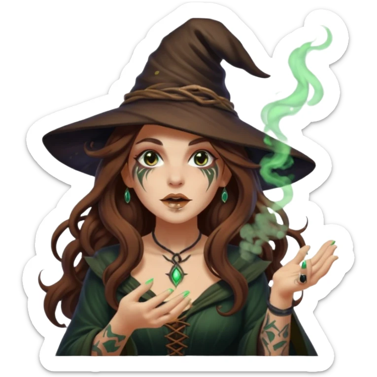 forest witch woman long wavy brown hair tattoos blowing glowing powder toward viewer sticker