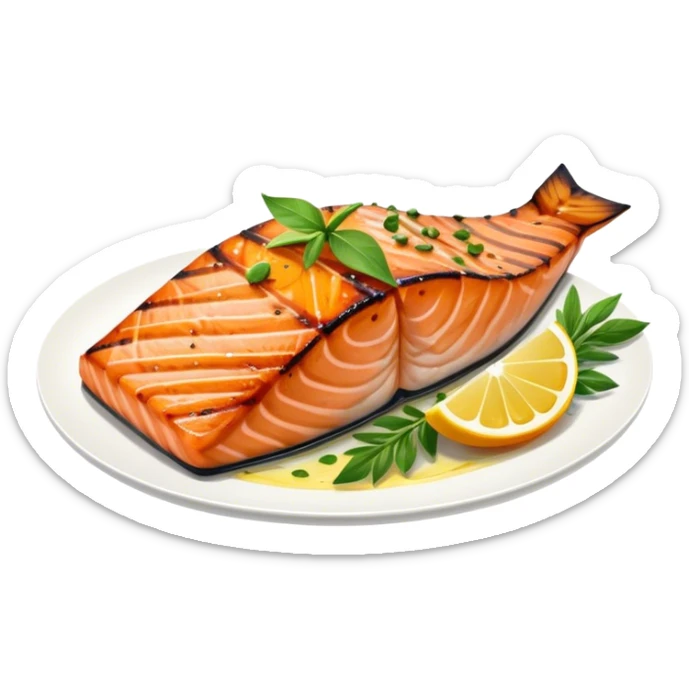 Cinematic perfectly grilled salmon, rich orange hues with crispy skin, garnished with fresh herbs, drizzled with lemon, ultra-detailed and delicious. sticker