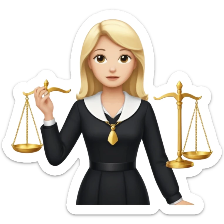 woman lawyer blanche et blonde habillée avec une longue robe noire et un col blanc, avec la balance de la justice derrière elle sticker