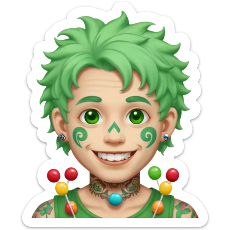 very colorful puffy green haired man made out of candy  and excessive face tattoos and excessive piercing just face  sticker