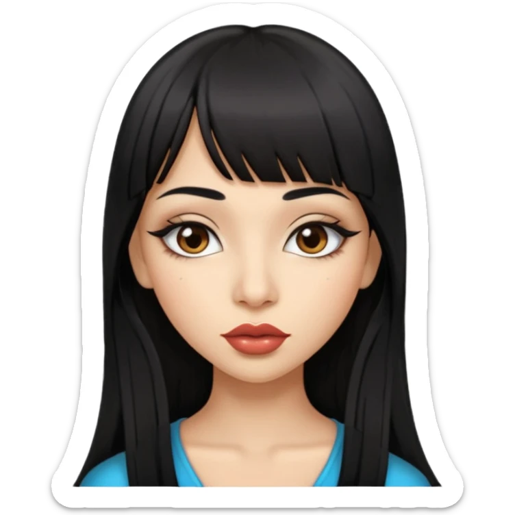 Indian girl with straight long hair and a fringe, big lips, slightly slanted eyes, winged eye liner sticker